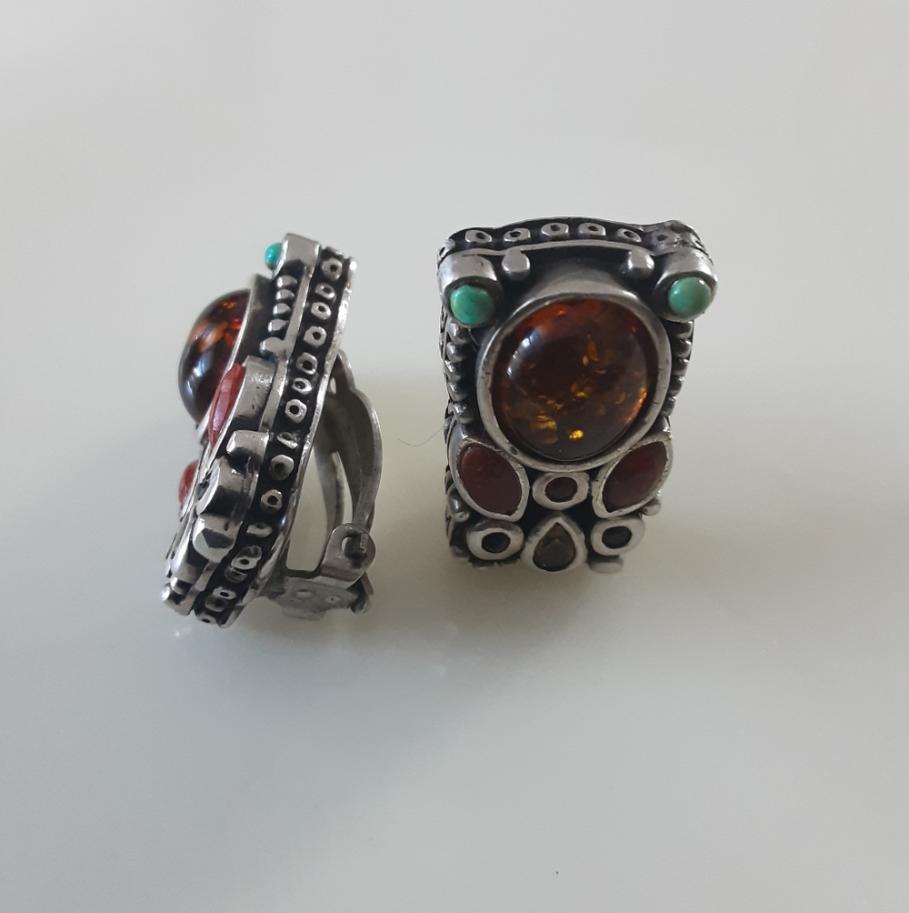 BARSE 925 Amber | Multi-Semi Precious Stone Rectangle Clip-On Earrings - Vtg - Picture 6 of 11